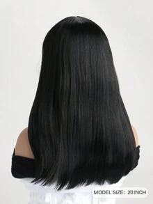 20吋時尚卷曲假髮,斜角瀏海和合成纖維材質,適合日常穿著 - 黑色 - 查看 4