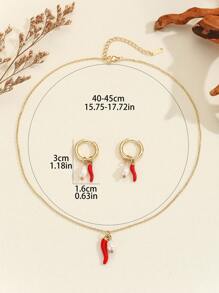 MESTILO 3入組情人節14k鍍金不鏽鋼珍珠紅辣椒吊墜項鍊耳環套裝,女性約會禮物的理想選擇 - 彩色 - 查看 3