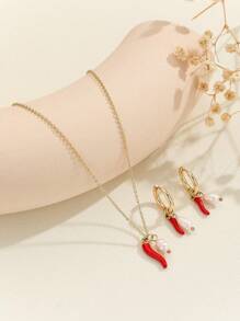 MESTILO 3入組情人節14k鍍金不鏽鋼珍珠紅辣椒吊墜項鍊耳環套裝,女性約會禮物的理想選擇 - 彩色 - 查看 1