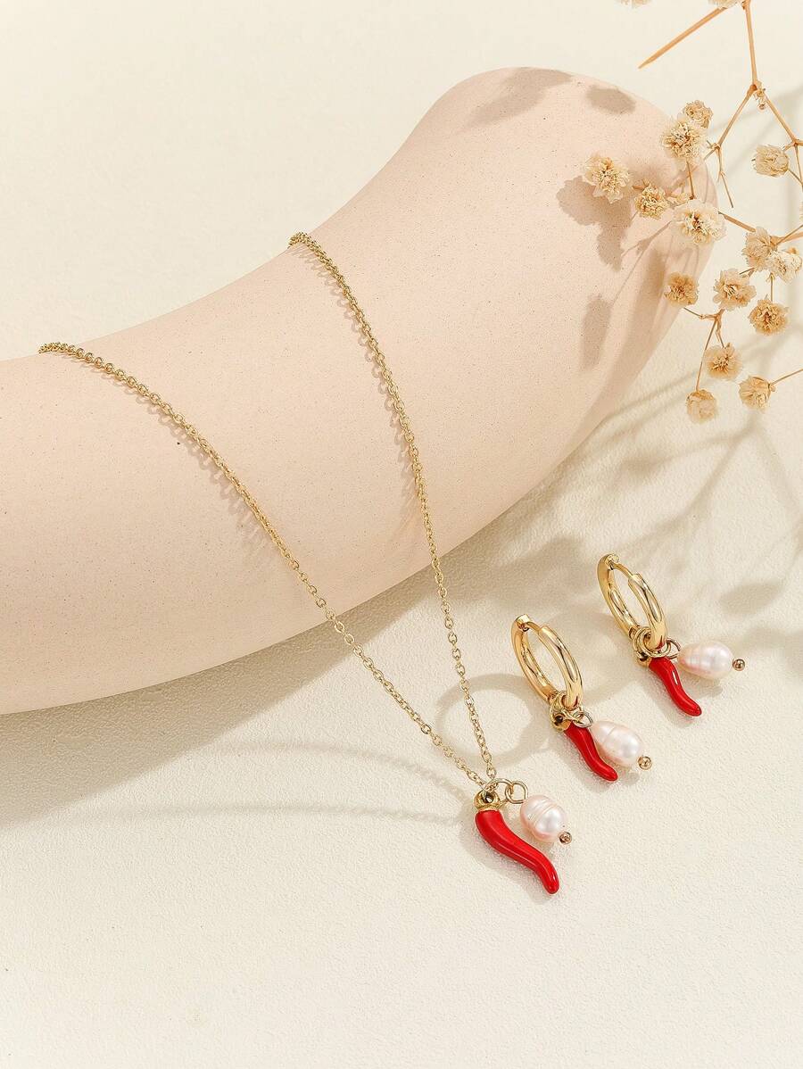 MESTILO 3入組情人節14k鍍金不鏽鋼珍珠紅辣椒吊墜項鍊耳環套裝,女性約會禮物的理想選擇 - 彩色 - 查看 1