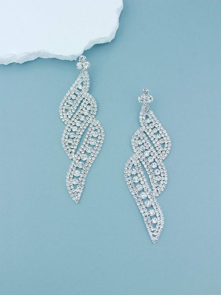 European And American Style Elegant & Luxurious & Hollow Out & Rhinestone Decor Long Earrings For Ladies - Silver - View 1