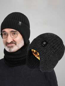 1頂帶裡料黑色針織帽，男女冬季暖毛帽帶耳瓣 - 黑色 - 查看 1