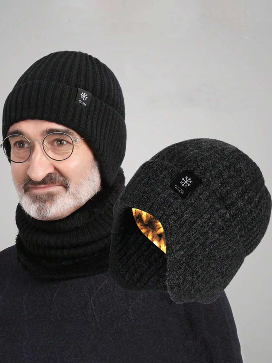 1頂帶裡料黑色針織帽，男女冬季暖毛帽帶耳瓣 - 黑色 - 查看 1