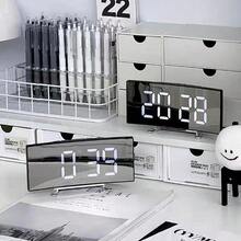 1pc Digital Led Mirror Table Electronic Alarm Clock, Large Screen LED Curved Electronic Clock, S Snooze Display Time Night Light Desktop USB Alarm Clock, Mute Alarm Clock, Clock Display Date 12/24 Hours For Room Decor, Home Decor, Bedroom, Office(Batteries Not Included) - Black - View 2