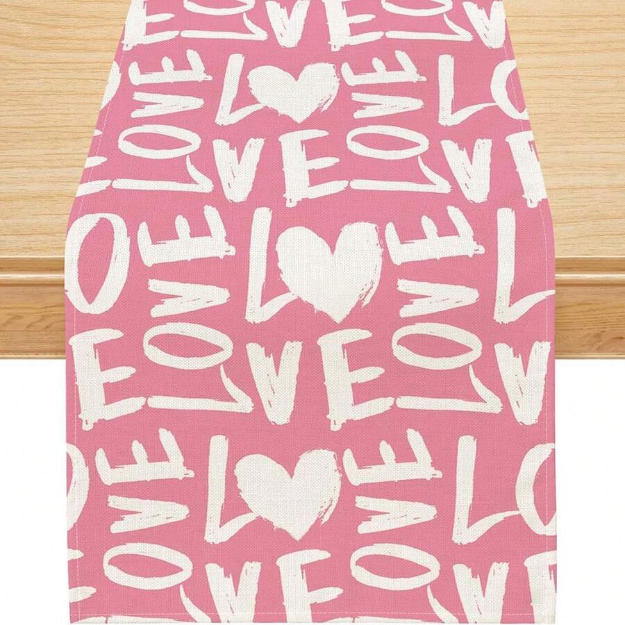 1 件情人節亞麻印花粉紅愛心桌布適合結婚紀念日節日裝飾桌布 - 粉色 - 查看 1
