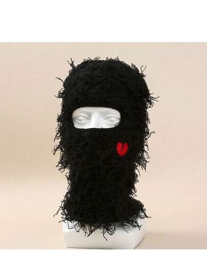 1pc Knitted Balaclava Hat With Embroidery & Face Cover, Suitable For Autumn And Winter, Outdoor Activities Like Traveling, Skiing, Cycling, And Hiking Valentine's Day Valentines
