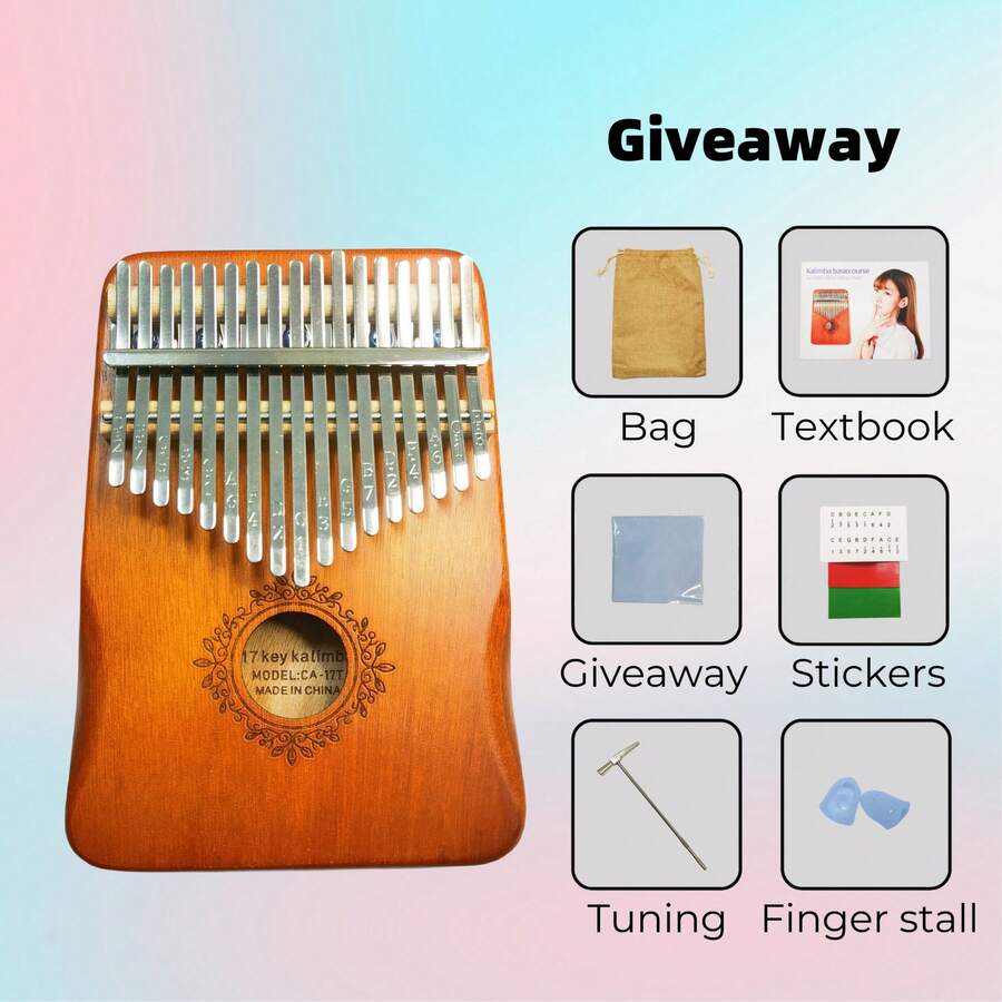 1入木製17鍵拇指琴樂器,圓形手部保護設計,已調至標準音高,完美的家庭和兒童音樂禮物 - 紅木色 - 查看 1