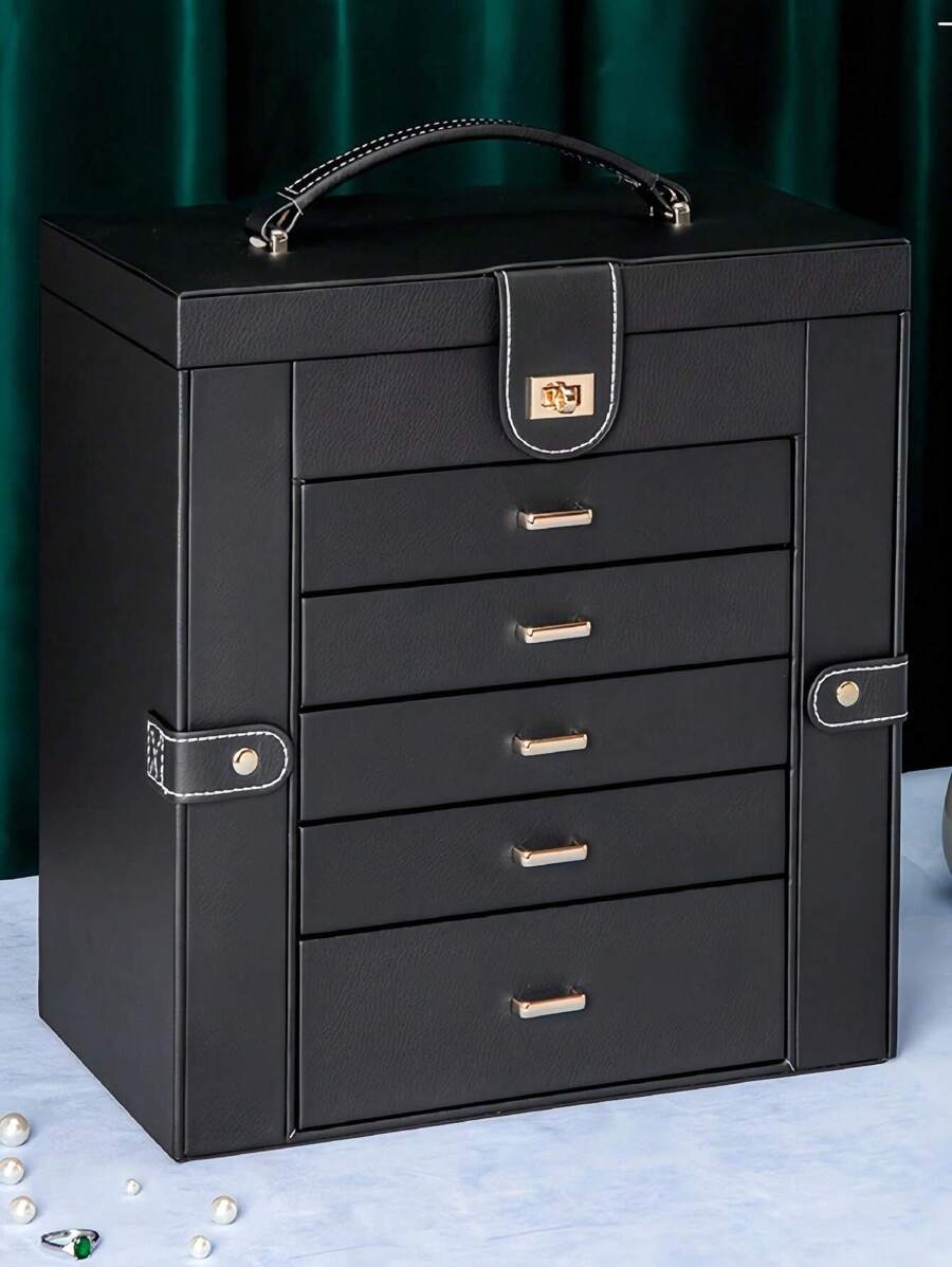 多層5抽屜大容量珠寶收納盒,可放戒指、耳環、項鍊、手鏈和配飾 - 黑色 - 查看 1