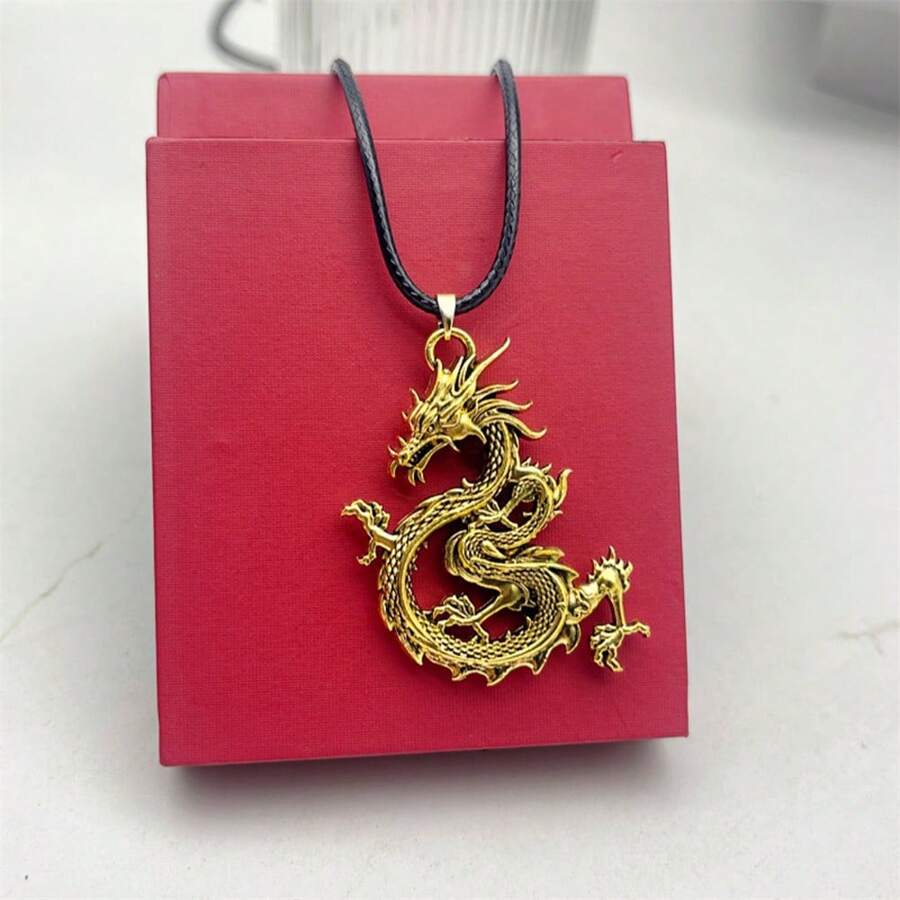 風男士生肖龍吊墜項鍊,黃金龍年生肖,適合春節期間佩戴 - 皮繩金色項鍊5 - 查看 1