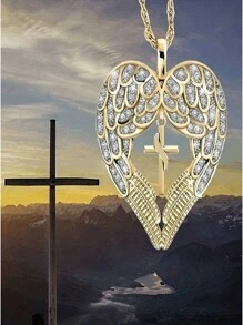 Hollow Angel Wings Inlaid Rhinestones CrossPendant Necklace For Women Girls - Gold - View 8