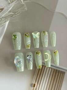 10入組手工鑲嵌鑽石裝飾假指甲,閃閃發光的綠色蝴蝶結法式款式,精緻優雅,適用於新娘婚禮、派對、舞蹈、日常穿著 - 彩色 - 查看 1