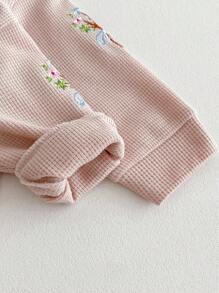 Conjunto de outfit de niña bebé que incluye sudadera de punto de gofre con bordado de ramo y estilo colegial - Rosa - Ver 4