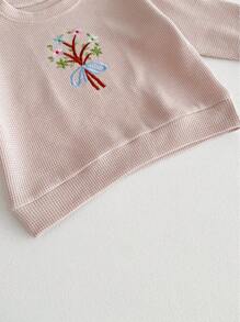 Conjunto de outfit de niña bebé que incluye sudadera de punto de gofre con bordado de ramo y estilo colegial - Rosa - Ver 6