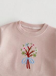 Conjunto de outfit de niña bebé que incluye sudadera de punto de gofre con bordado de ramo y estilo colegial - Rosa - Ver 2