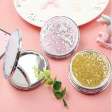 Sand Liquid Filled Round Mirrors, Double-Sided Makeup Mirror, Mini Portable Foldable Student Mirror - Blue - View 1