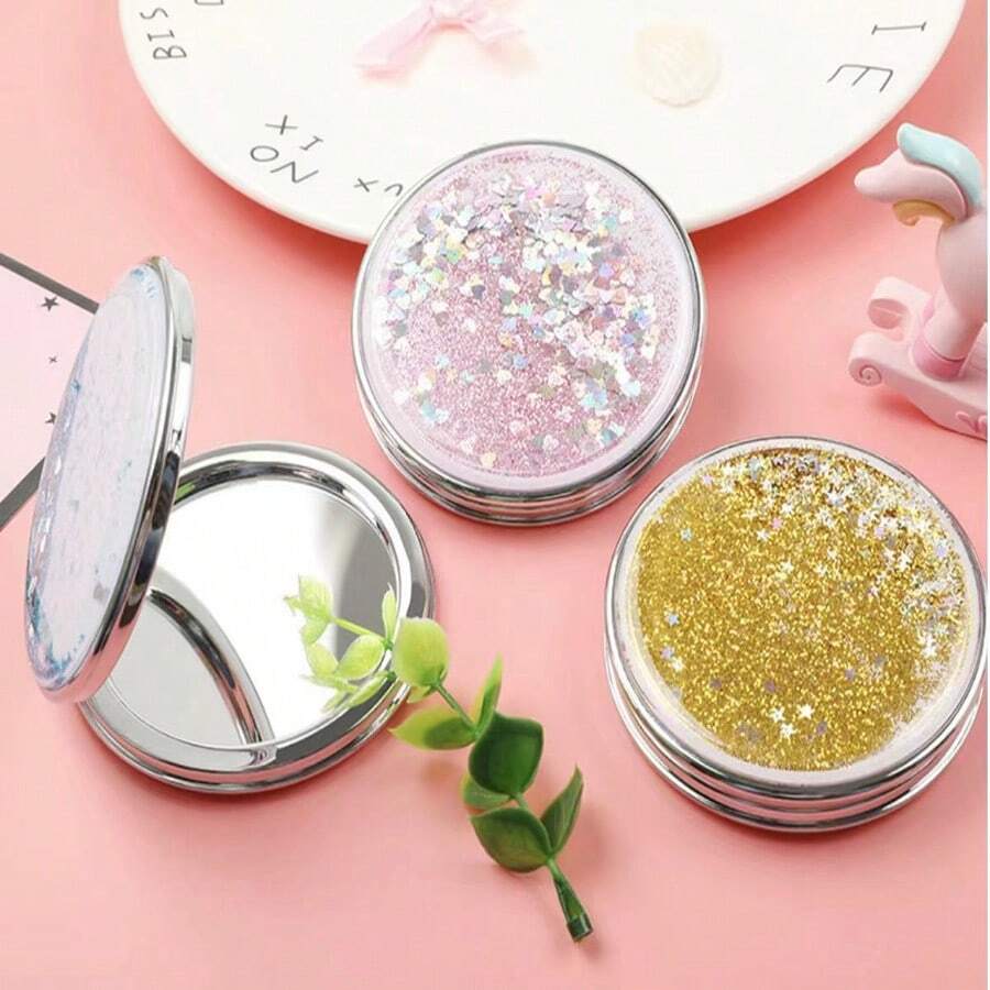 Sand Liquid Filled Round Mirrors, Double-Sided Makeup Mirror, Mini Portable Foldable Student Mirror - Blue - View 1