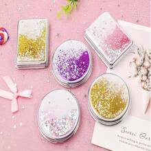 Sand Liquid Filled Round Mirrors, Double-Sided Makeup Mirror, Mini Portable Foldable Student Mirror - Blue - View 5