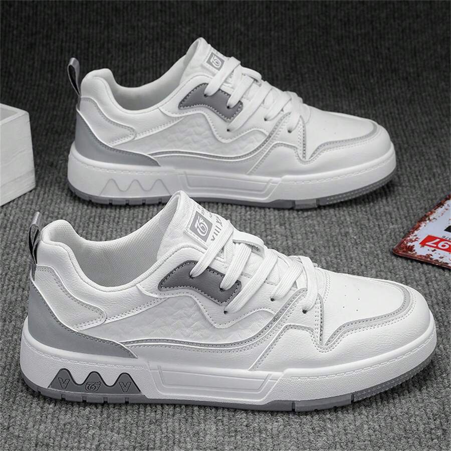 男款白色休閒滑板鞋,內置led燈,混色pu皮革,適合室外跑步運動 - 白色 - 查看 1