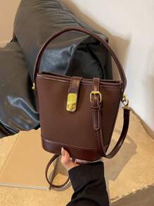 1PC Fashionable Coffee Suede PU Patchwork Buckle Handbag With Bucket Strap, Long Shoulder Strap, Zipper, Women's Crossbody Bag - Coffee Brown - View 5