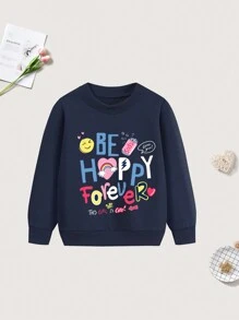 男童秋冬款時尚卡通和標語印花圓領運動衫 - 藏蓝色 - 查看 1