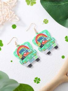 1pair Fashionable & Cute & Creative & Original & Novel & Green & Acrylic & Car & Colorful Letter Detail Dangle Earrings For Women/Girls/Ladies, Ideal Saint Patrick's Day Gift - Green - View 7