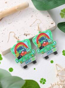 1pair Fashionable & Cute & Creative & Original & Novel & Green & Acrylic & Car & Colorful Letter Detail Dangle Earrings For Women/Girls/Ladies, Ideal Saint Patrick's Day Gift - Green - View 1
