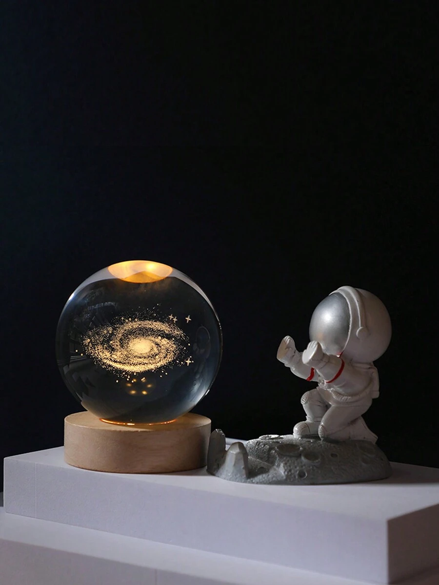 1入組3d水晶球桌面裝飾,配木質底座,印刻土星行星月球太陽系模型,生日禮品發光玻璃球飾品