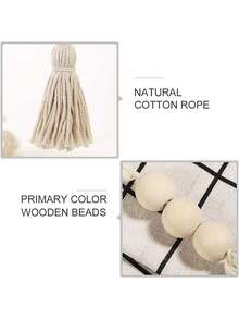 1pc Ins Natural Color Hessian Rope Tassel Wood Bead Pendant Diy Jewelry Accessory-3 Beads 2 Strings - 3 Beads Tassel-2 Pack - View 5