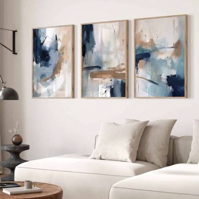 Set Of 3 Blue Abstract Wall Art Poster Print Minimalist Contemporary Canvas Painting Modern Home Living Room Bedroom Office Decoration,Unframed
