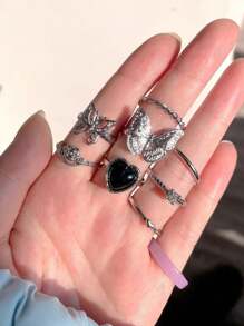 女士波西米亚戒指 8 件套戒指套装，镶有水钻蝴蝶结，适合女士的礼物 - 彩色 - 查看 2