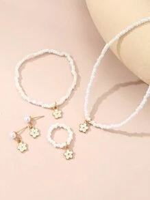 5pcs/Set Daisy Oil Drop Flower Necklace, Bracelet, Ring And Earrings For Girls