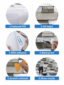 7入組復古3d磚紋牆貼紙,家用廚房浴室裝飾,防水防油 - 淺灰色 - 查看 11