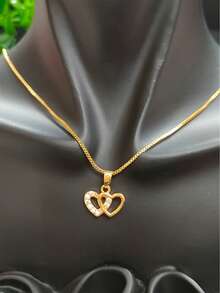 1 件镀金黄铜互锁心形吊坠项链，适合女士，适合欧洲、美国、东南亚、迪拜新娘婚纱配饰，情人节/母亲节/生日礼物，送给女朋友/妈妈，珠宝 - 金黃色 - 查看 5