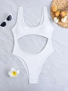 1pc Women's Summer Beach Vacation Ribbed White Scoop Neck Backless One-Piece Swimsuit - White - View 2