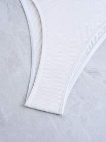 1pc Women's Summer Beach Vacation Ribbed White Scoop Neck Backless One-Piece Swimsuit - White - View 5