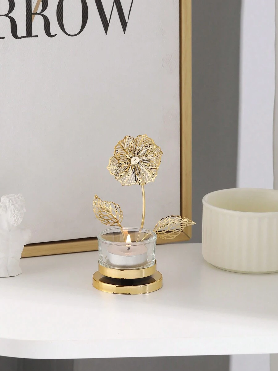 1個北歐風格鐵藝中空花卉設計桌上蠟燭台,家居裝飾 - 金色 - 查看 1
