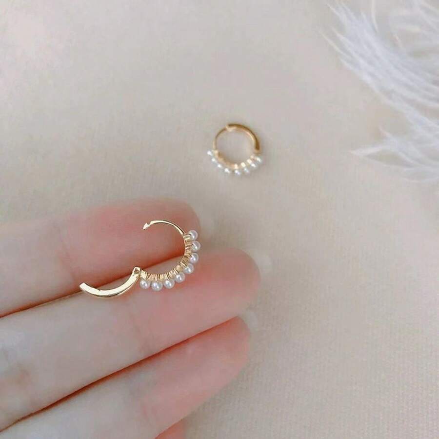 極簡風格、甜美風格、可愛風格、時尚法式風格仿珍珠耳環，S925純銀婚禮新娘珠寶 - 金色 - 查看 1