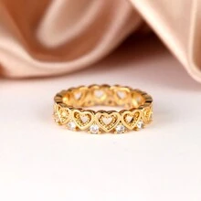 1件優雅的雙層心形中空金色愛心立方氧化鋯石和圓形水晶女戒,適用於情人節、婚禮、訂婚、週年紀念、承諾和新娘珠寶 - 戒指 - 查看 3