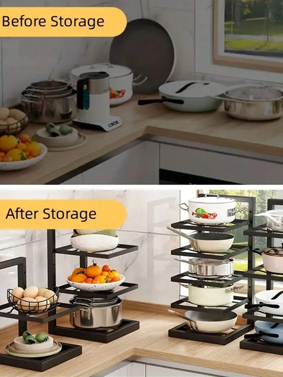 1 PC Pot Rack, Stainless Steel Multi-Layer Storage Shelves, Under Sink Multi-Layer Household Storage Holder, For Kitchen Counter And Cabinet, Kitchen Organizers And Storage, Kitchen Accessories - Black - View 1