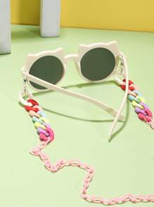 1 件男孩女孩 6-12 歲壓克力可愛貓耳朵圓框時尚時尚眼鏡和 1 件彩色眼鏡鏈 - 米色 - 查看 3