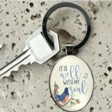 "IT IS Well WITH MY Soul" Round Glass Keychain Pedant Flower Pattern Bible Verse Keychain Gift For Christian - Antique Silver - View 1