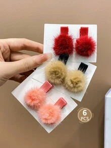 6pcs Children's Hair Accessories Cute Colored Pom Pom Trimmed Alligator Hair Clips - Multicolor - View 4