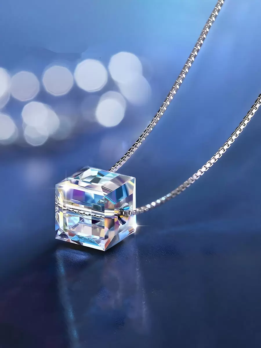ELSEDES 1 chiếc dây chuyền bạc S925 hình vuông thời trang và thanh lịch, đính pha lê sáng bóng, có thể cá nhân hóa, thích hợp để đeo hàng ngày, dự tiệc hoặc làm quà tặng cho bạn gái trong các dịp lễ hội. - Bạc - Xem 1