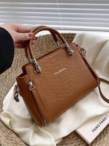 BELLEBORG 鱷魚紋實色女士時尚手提袋 - 棕色 - 查看 4