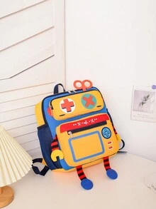 1個卡通機器人形狀的尼龍背包,帶拉鍊,適用於男女幼兒園日常使用 - 黃色 - 查看 3