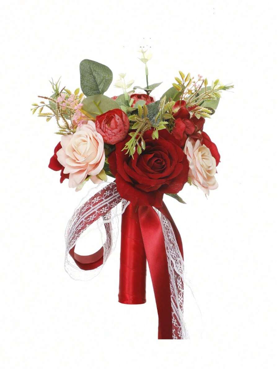 1個新娘和伴娘婚禮花束,人造玫瑰婚禮裝飾 - 酒紅色 - 查看 1