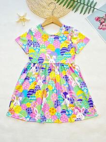 Robe décontractée avec impression de dessin animé animal de Pâques pour jeune fille
