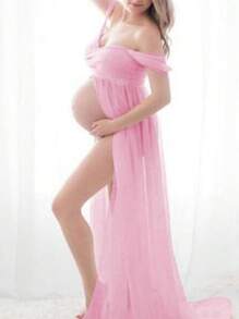 Vestido Largo Embarazada Sesión Fotográfica Maternidad Fotos De color sólido sin mangas - Rosa - Ver 1