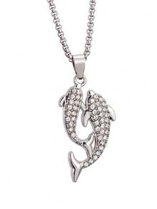 1入2024新黑白雙魚設計吊墜項鍊,鯉魚和鑽石,可愛的海豚細節和長款鈦鋼毛衣鍊,男女皆宜的時尚情侶日常配飾 - 鑲鑽海豚項鍊 - 查看 2