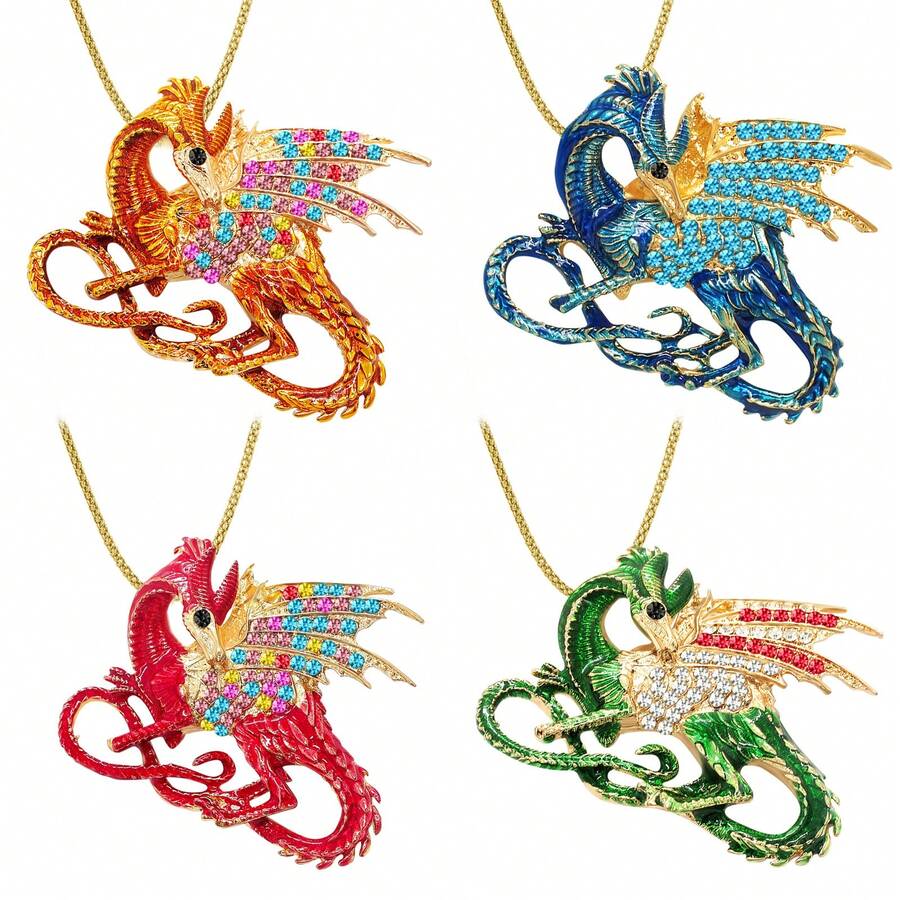 1 件金蓝色珐琅童话魔法龙时尚男女多色闪亮水晶钻动物项链饰品服装女士圣诞礼物 - 龍 - 查看 1
